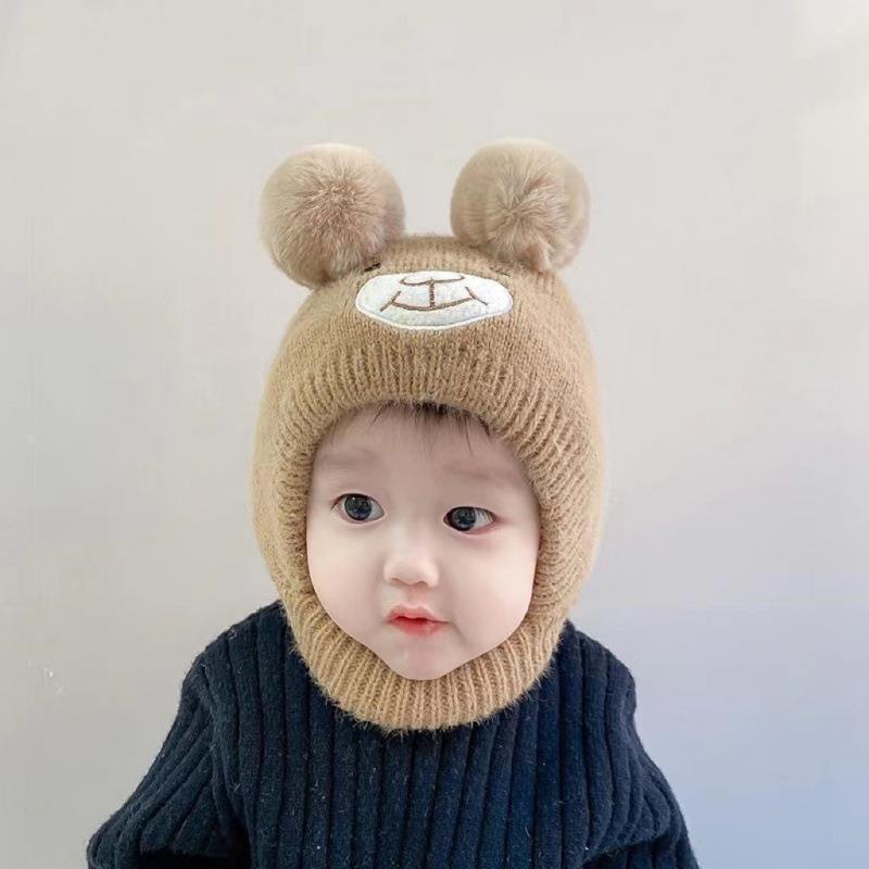 Cute Cartoon Bear Baby Hat Scarf Winter Warm Double Pompom Ear Protection Hats Bonnet Newborn Toddler Boy Girl Beanies