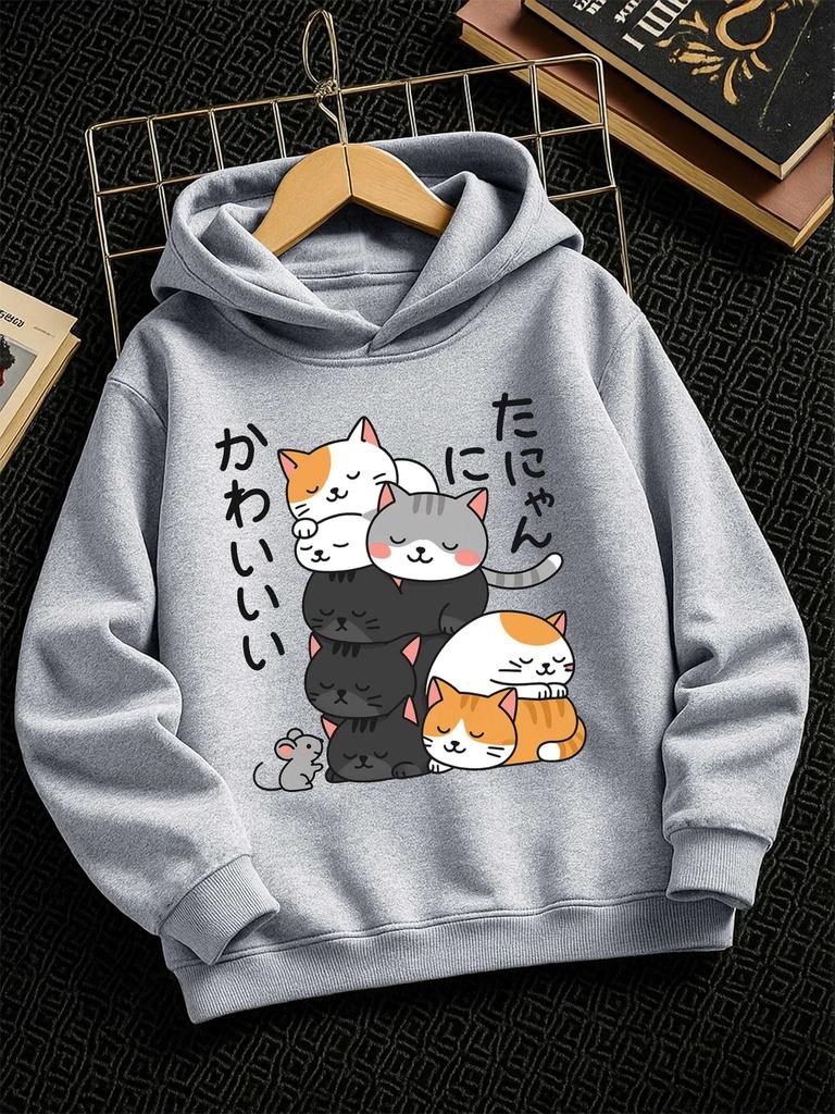 Felpa con Cappuccio per Bambini e Bambine Gatto Giapponese Stampata Kawaii Cartoon Pullover Top con Cappuccio Casual Streetwear Autunno Inverno