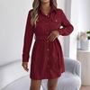 Women's Casual Solid Color Corduroy Shirt Dress with Belt - Long-Sleeve, Single-Breasted