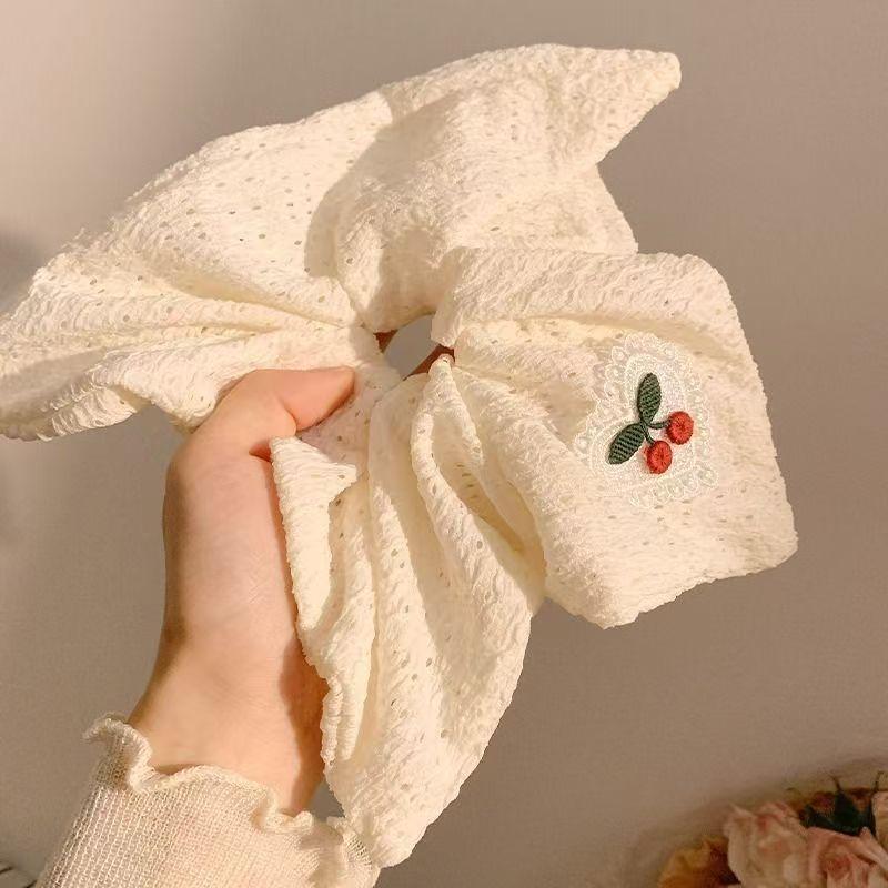 Embroidered Cherry Head Rope White Hollow Fabric Square Scarf Hair Band Large Intestine Headband Sweet Headband Hair Accessory