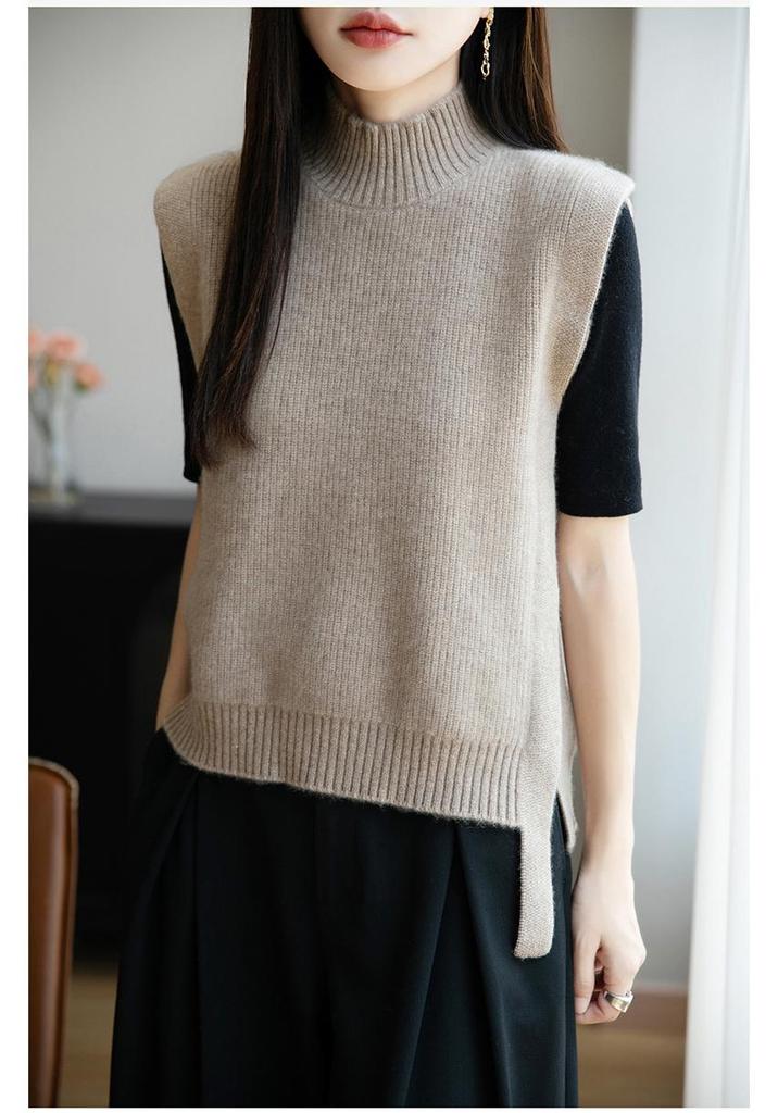 Women's 100% Pure Wool Sleeveless Knit Vest Shawl - Warm Autumn/Winter Layering Pullover with Half-High Collar