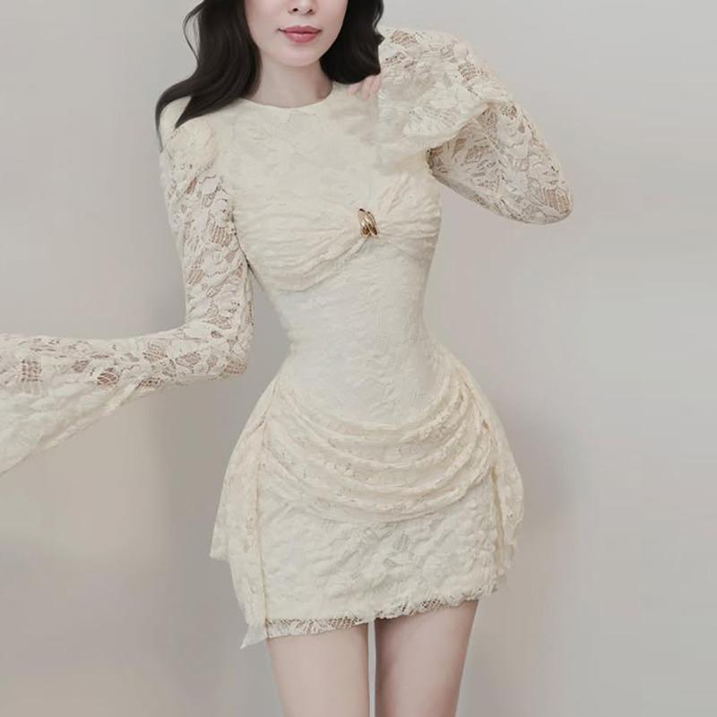 Autumn New Elegant Temperament Solid Color Sexy Slim Flared Sleeve Waist Hip Dress S абрикосовый