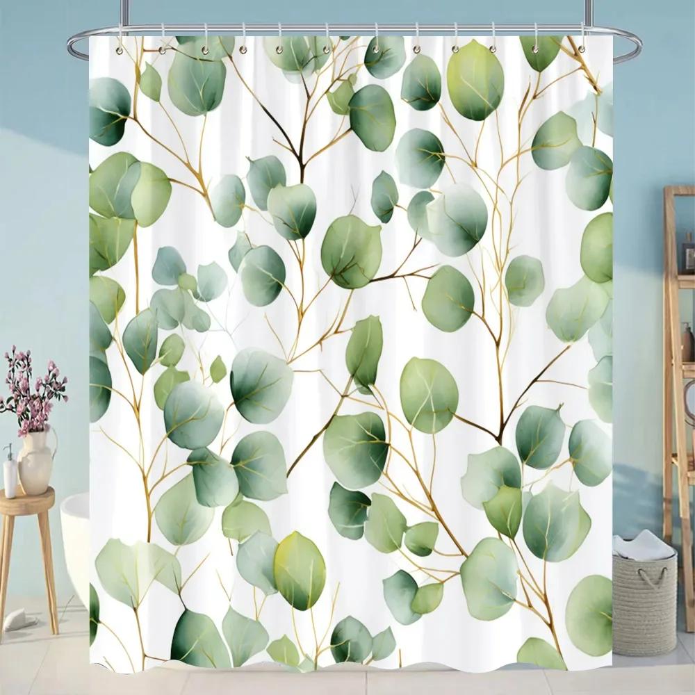 Tropiska Gröna Botaniska Duschdraperi Floral Fjäril Tvättbart Hängande Draperi Badrum Dusch och Badkar Dekor med Krokar