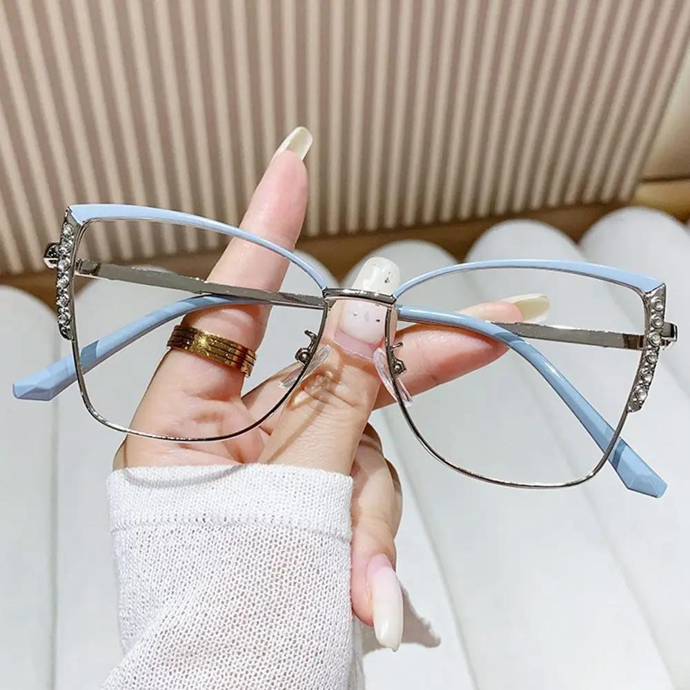 Women Fashion Rhinestone Anti-Blue Light Glasses Eye Care Ultra Light Cat Eye Frame Optical Eyeglasses Office Computer Goggles