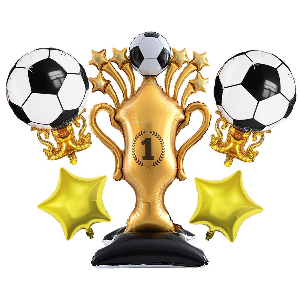 5Pcs Soccer Theme Foil Balloon Set, Jumbo Standing Champion Trophy & 2Pcs Football Trophy Mylar Balloons, Golden Star Balloons,