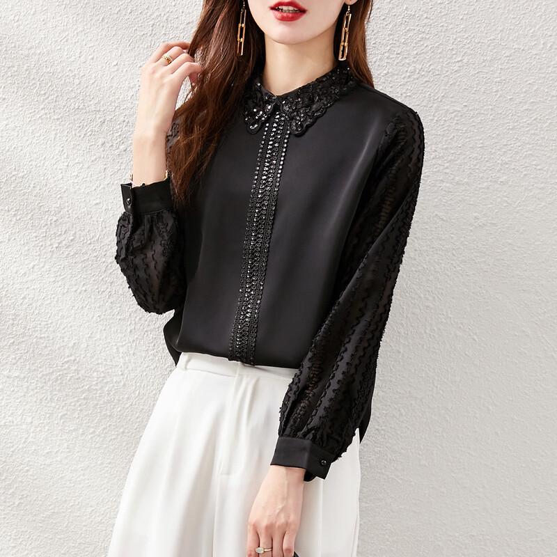 Srcr Women s Lace Embroidered Long Sleeve Chiffon Blouse with Doll Collar XL