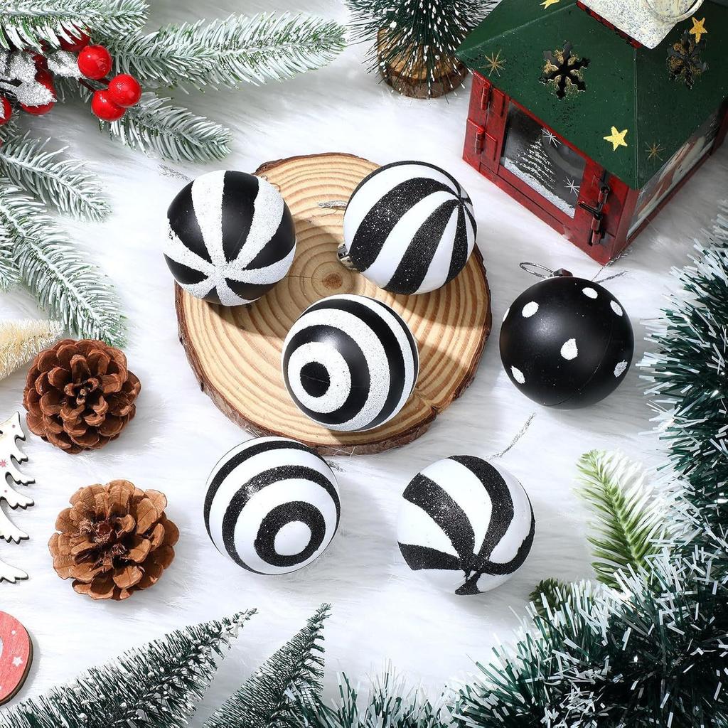 24 Weihnachten Schwarz Weiß Kugel Party Baum Dekorationen Kunststoff Bemalte Ornamente 6cm Gestreifte Punkt Hängende Kugeln
