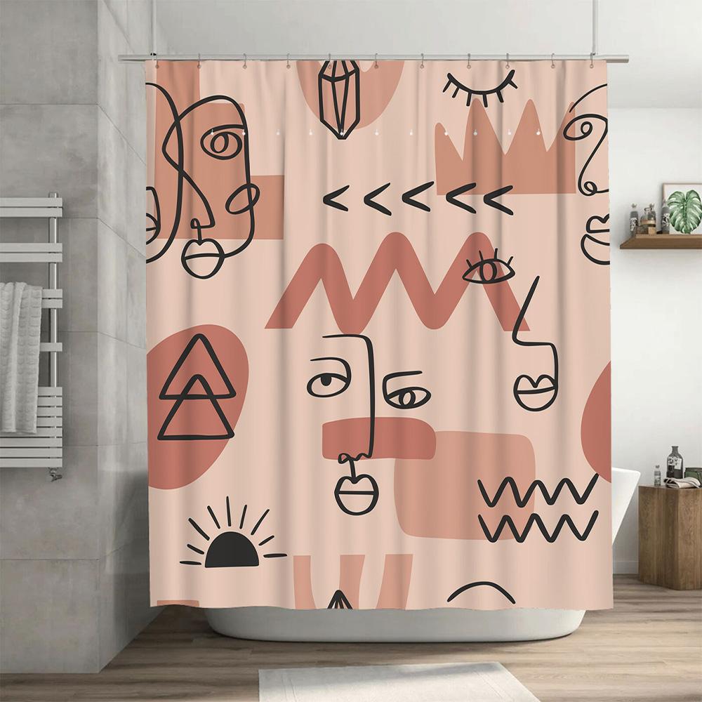 Minimalist Bohemian Bathroom Decor Shower Curtain with Abstract Line Art Print In Pink Black Modern Wall Hanging Home Textiles F