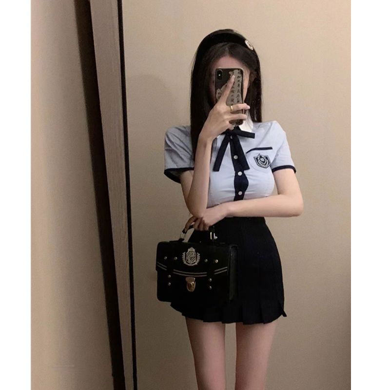 

K-style Сексуальный Приталенный Костюм в Стиле Преппи Женский Нарядный Голубая Блузка с Коротким Рукавом Умная Школьница Набор из Двух Предметов Bodycon dress S