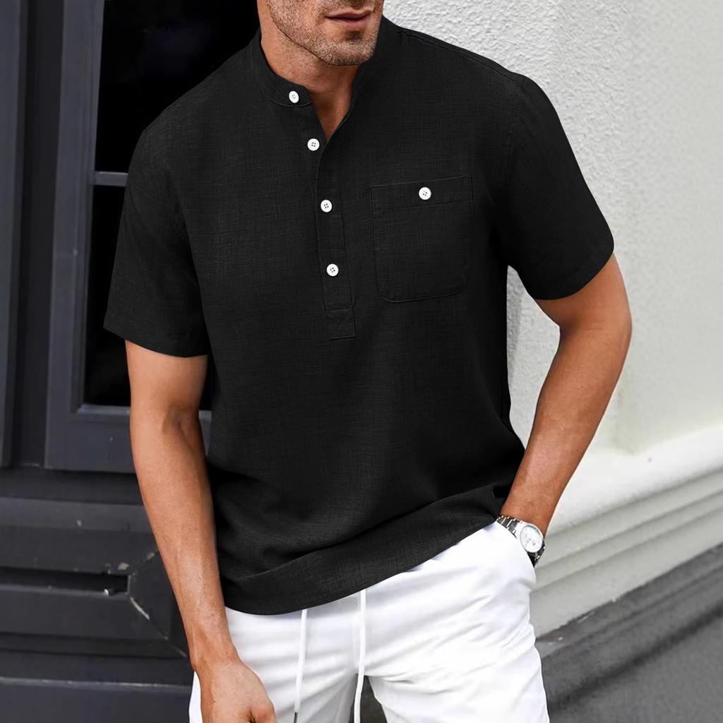 Men Stand Collar Short Sleeve Loose Solid Color Casual Henley Shirt