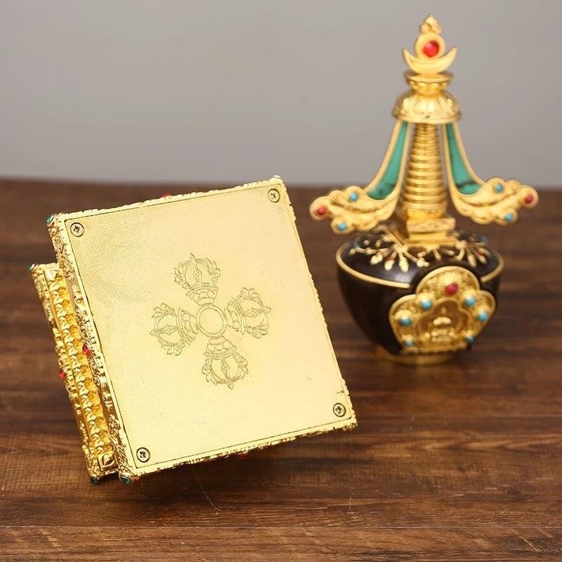 Tibetan Stupa Tantric Engraved Pearl Inlaid Gem Buddhist Statue Brown Alloy Handicraft Altars Indoor Home Desktop Decorative