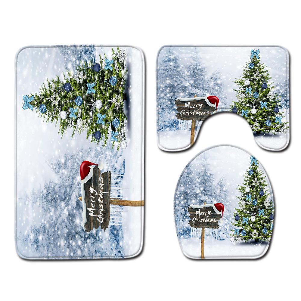 Christmas Shower Curtain Floor Mat Combination Four-Piece Set Bathroom Toilet Carpet Shower Room Mat Foot Mat
