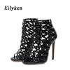 Eilyken 2023 modne czarne nitowe letnie sandały damskie Zipper Peep Toe szpilki pasek na kostkę drążą buty GLADIATOR