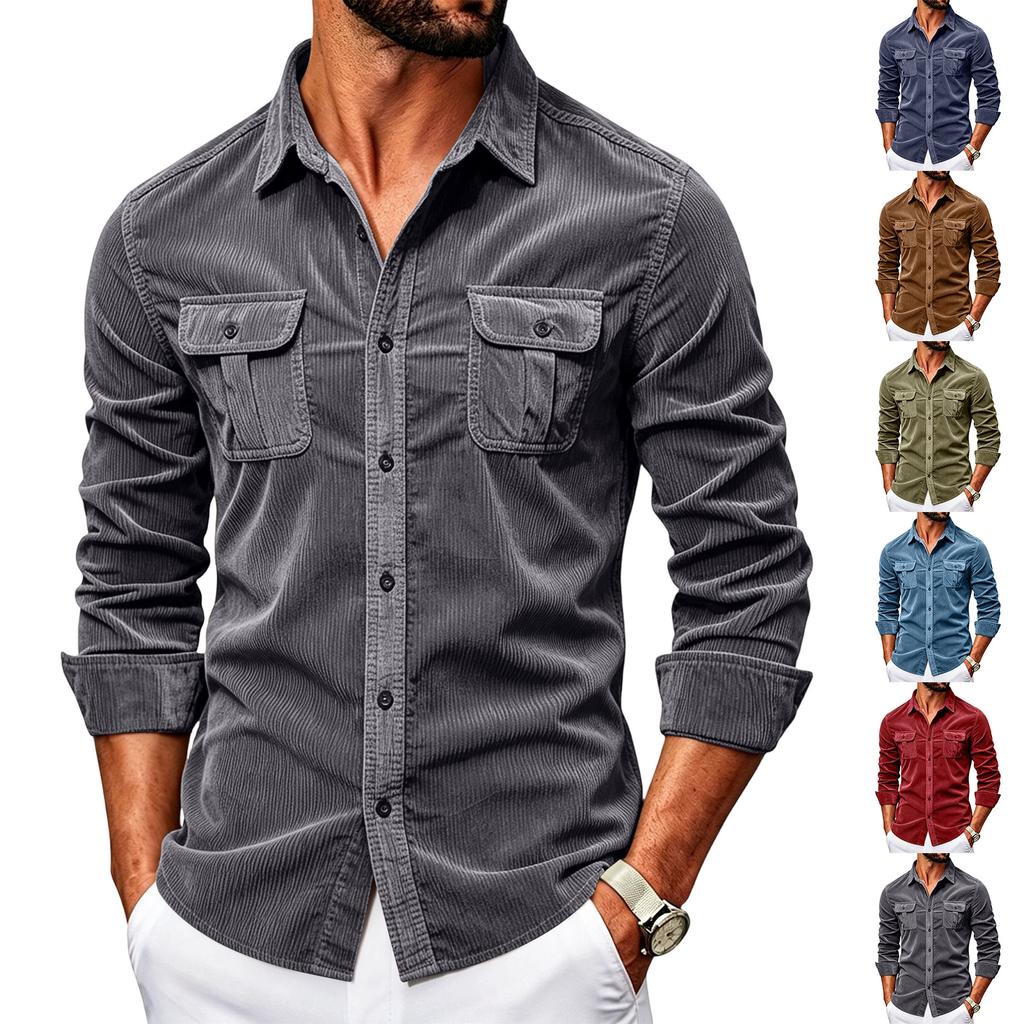 Men's Corduroy Shirt Slim Fit Long Sleeve Button Down Casual Business Shirt Two Chest Pockets Classic Collar Soft Fabric