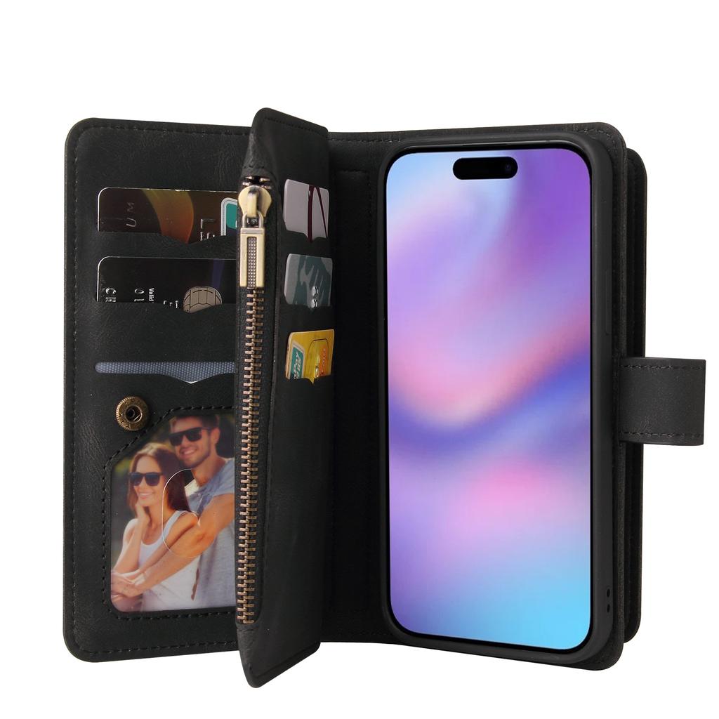 For iPhone 17 Zipper Wallet Case with 15 Card Slots and Strap Leather Phone Cover