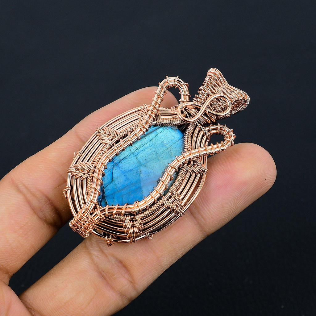 Labradorite Pendant, Handmade Gemstone 999 Copper Wire Wrapped Pendant Antique Jewelry, For Gift Silver Jewelry