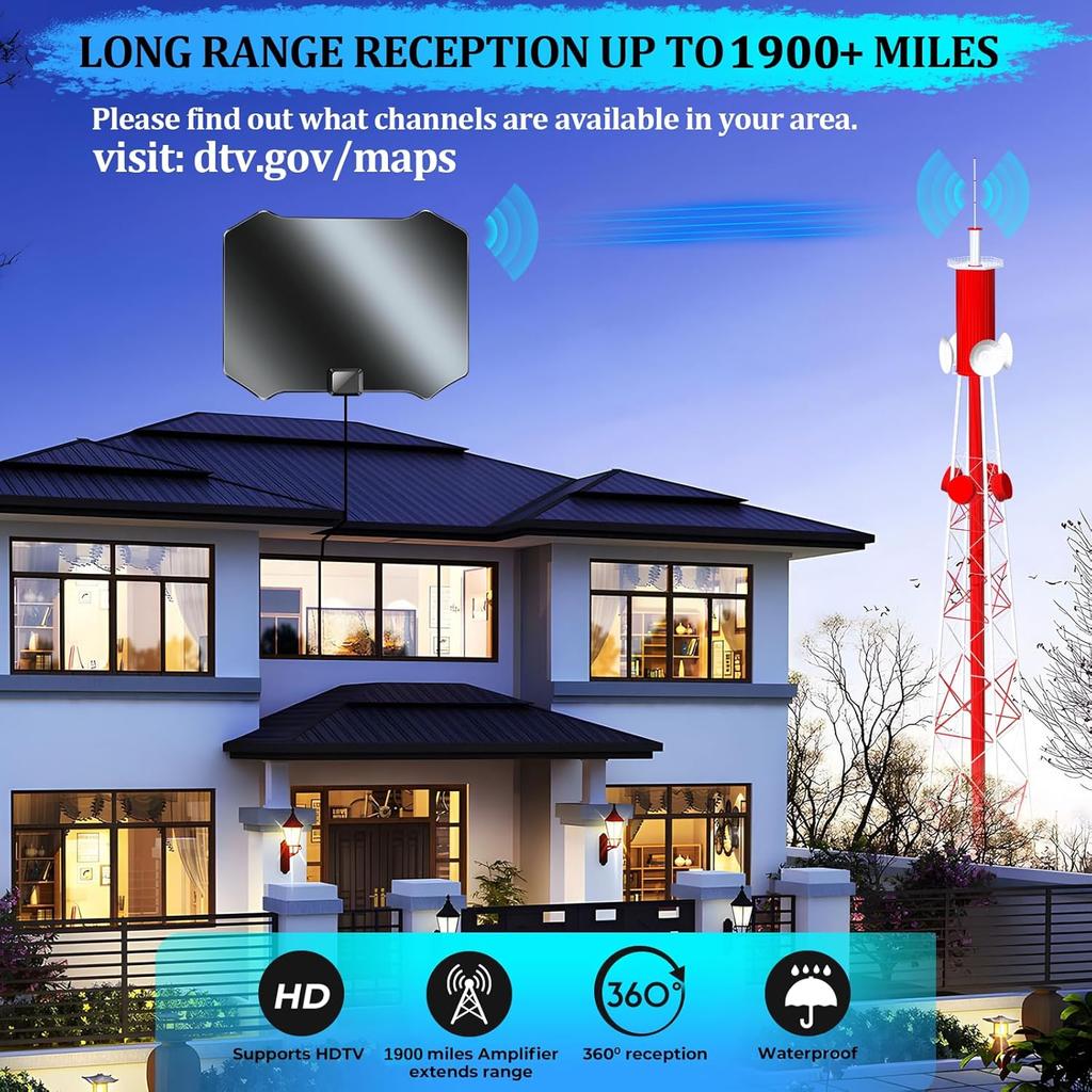 2025 Digital Antenna for Smart TV, 1900+Miles Range Antennas for Local Channels, HDTV Antenna Indoor/Outdoor