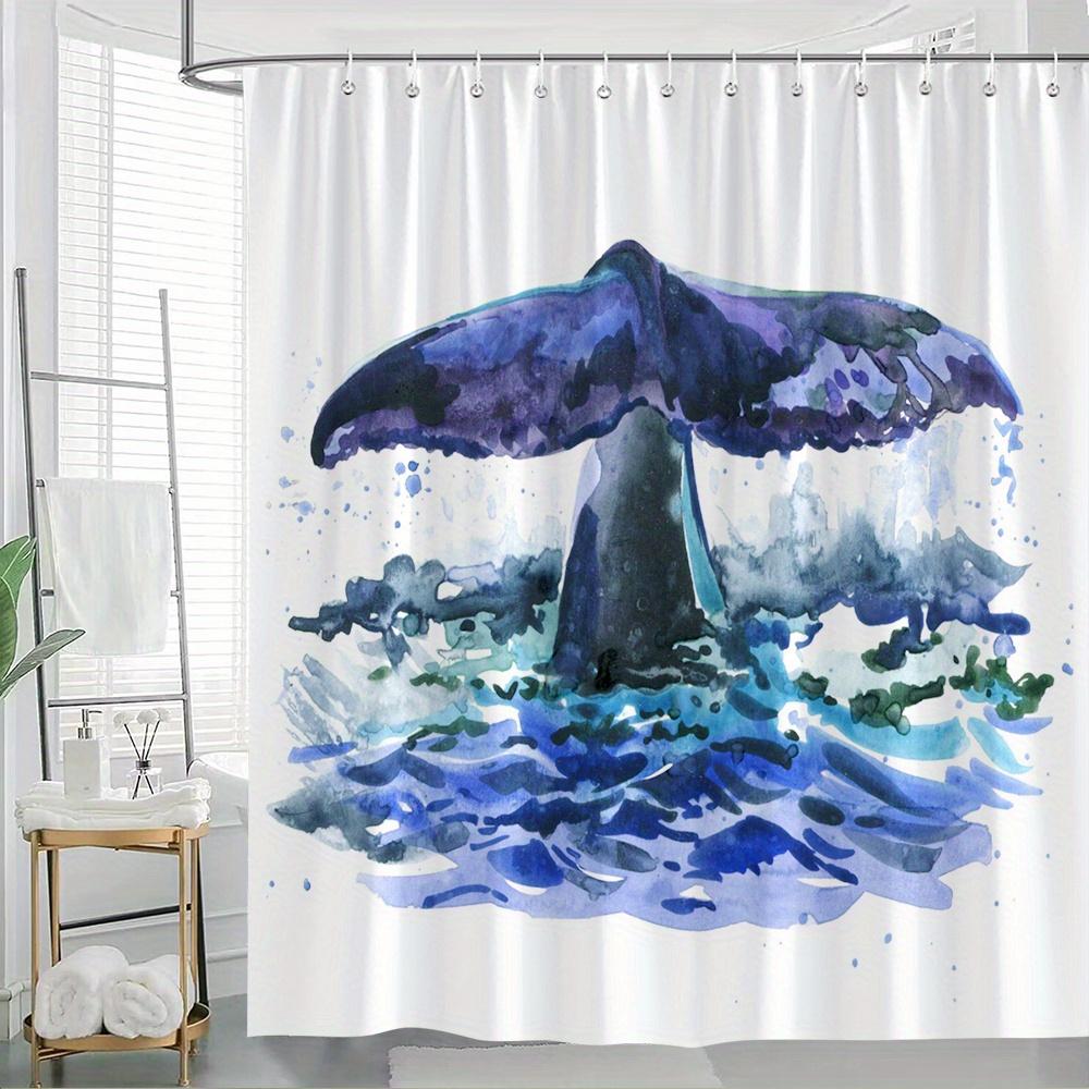 Majestic Whale Tail Shower Curtain - Watercolor, Whale Emerging from Ocean, Blue & White Impressionistic Style W90xH180cm