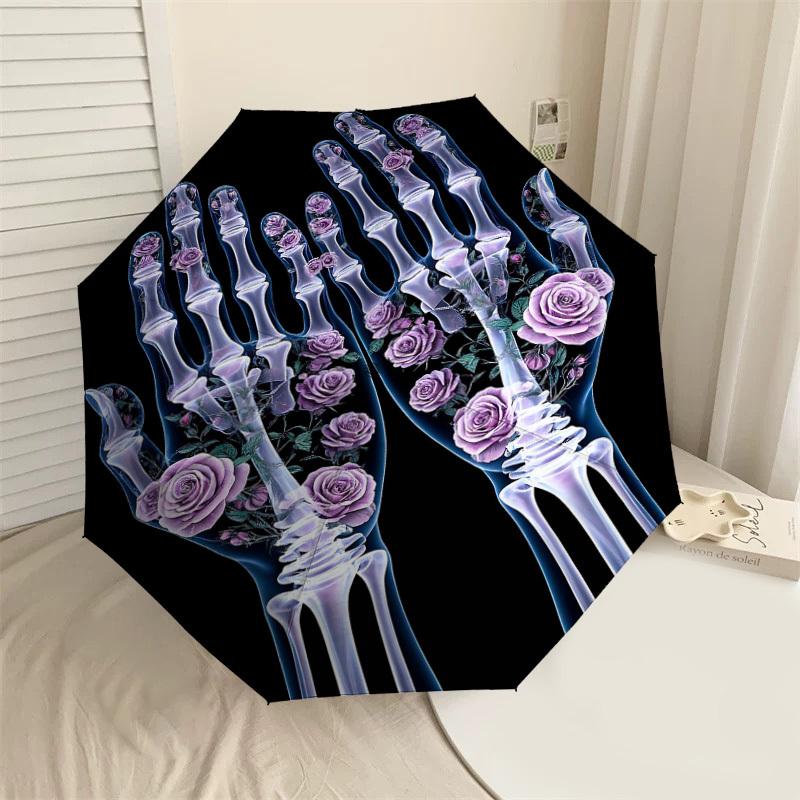 

1pc skeleton flowers Automatic Open/Close Umbrella Compact Folding Umbrella with 8-Rib Shaft for Women/Men, Elegant Birthday1272S
