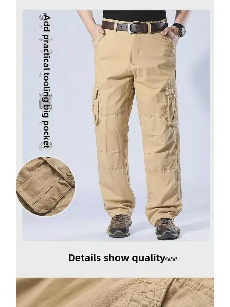 Trwałe bawełniane spodnie robocze z wieloma kieszeniami - Luźny krój, Proste spodnie, Duże rozmiary