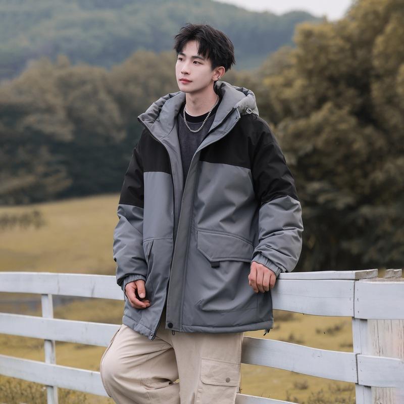 

Winter new hooded feather tooling color matching fleece clothing fashionable versatile thickened warm and cold resistant couple jacket M