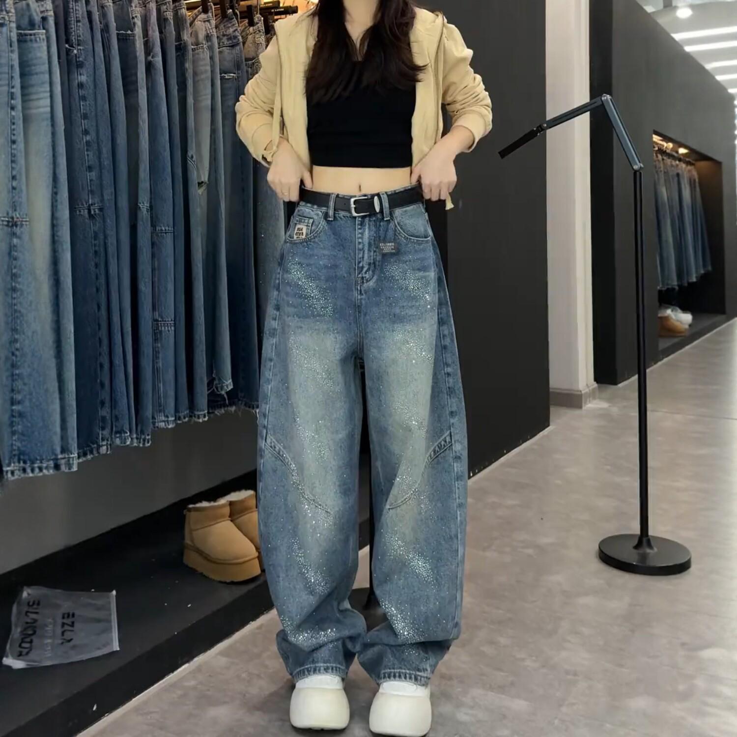 

Women s Full Rhinestone Star Curved Wide Leg Jeans - Plus Size 2026 Collection L