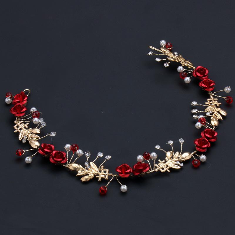 Handmade Bridal Red Rose Hairband & Earrings Set