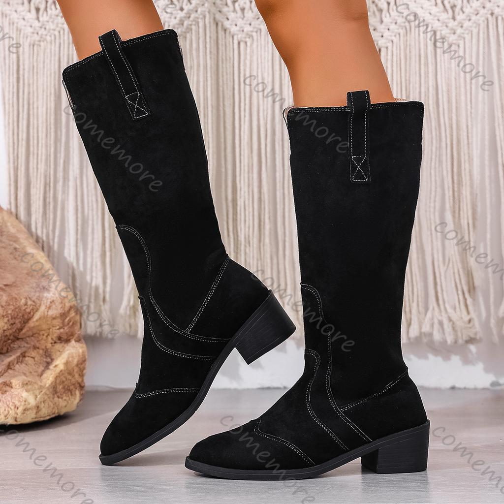 Fashion Comemore Autumn Knee High Boots Women Pointed Suede Chunky Heeled Women's Shoes Retro V-mouth Fashion Thigh-high Botas Femmes