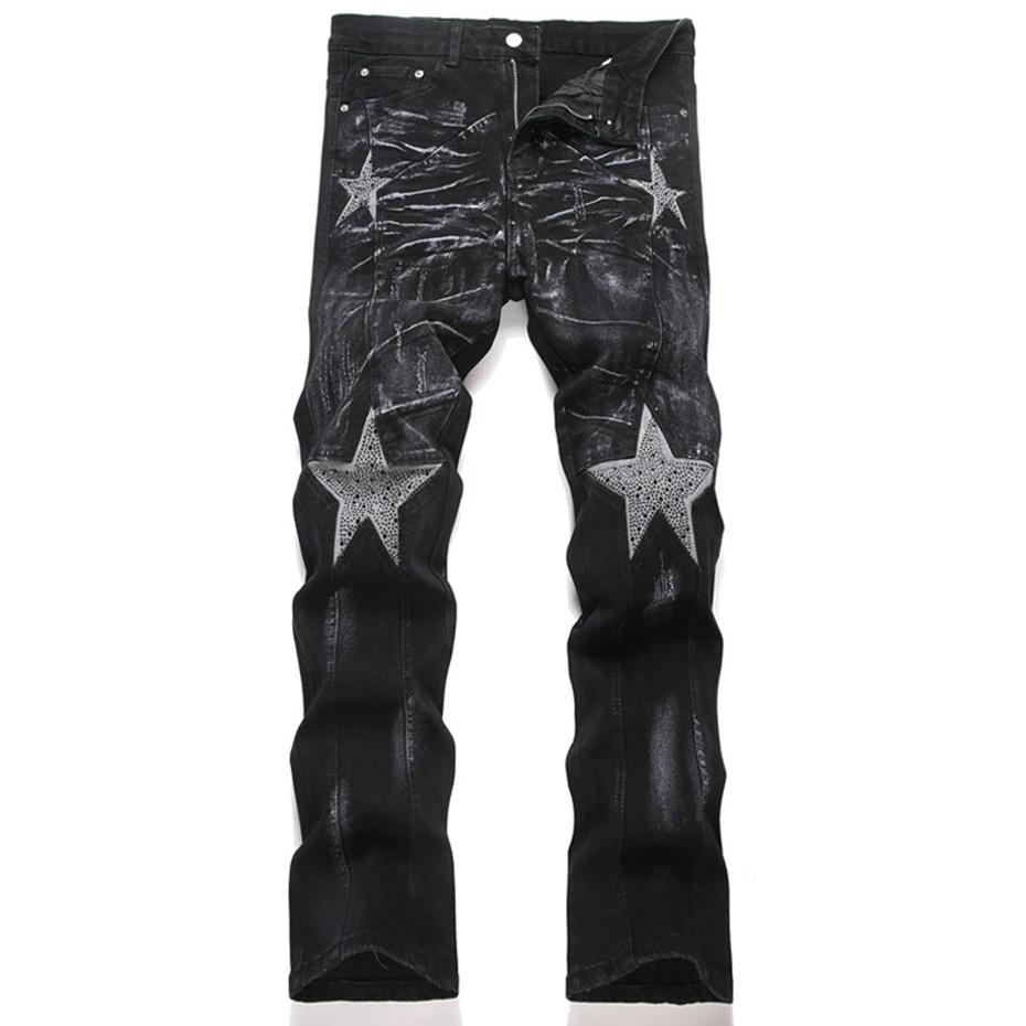 STREETRICH Diamond Star Patchwork Jeans Men Fashion Black Straight Slim Denim Pants Rhinestone Splicing Jeans Trousers for Male 29 чёрный