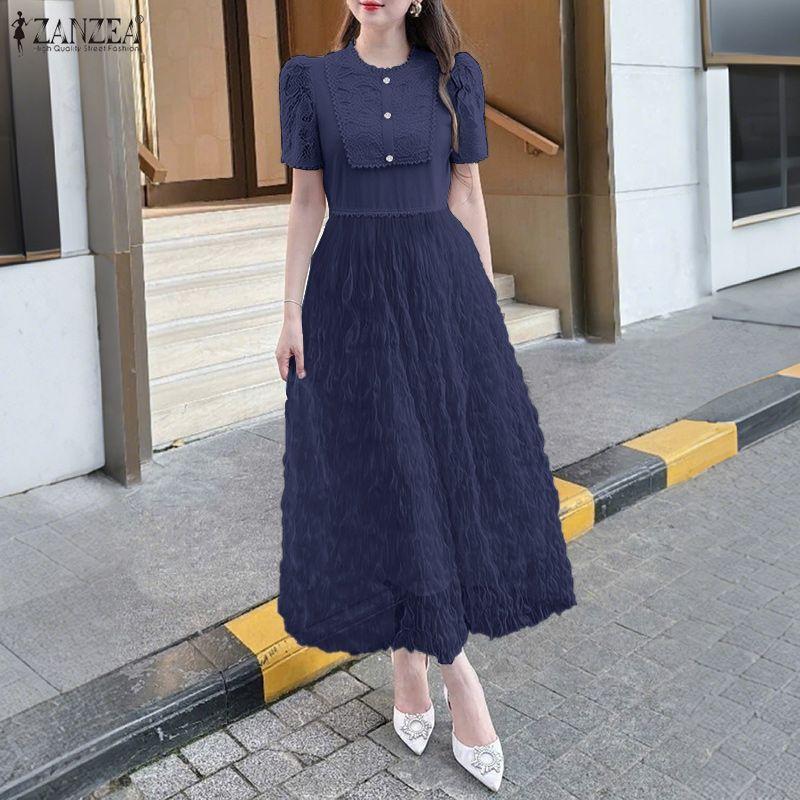 ZANZEA Women Lace Patchwork Casual Round Neck Short Sleeve Long Dress