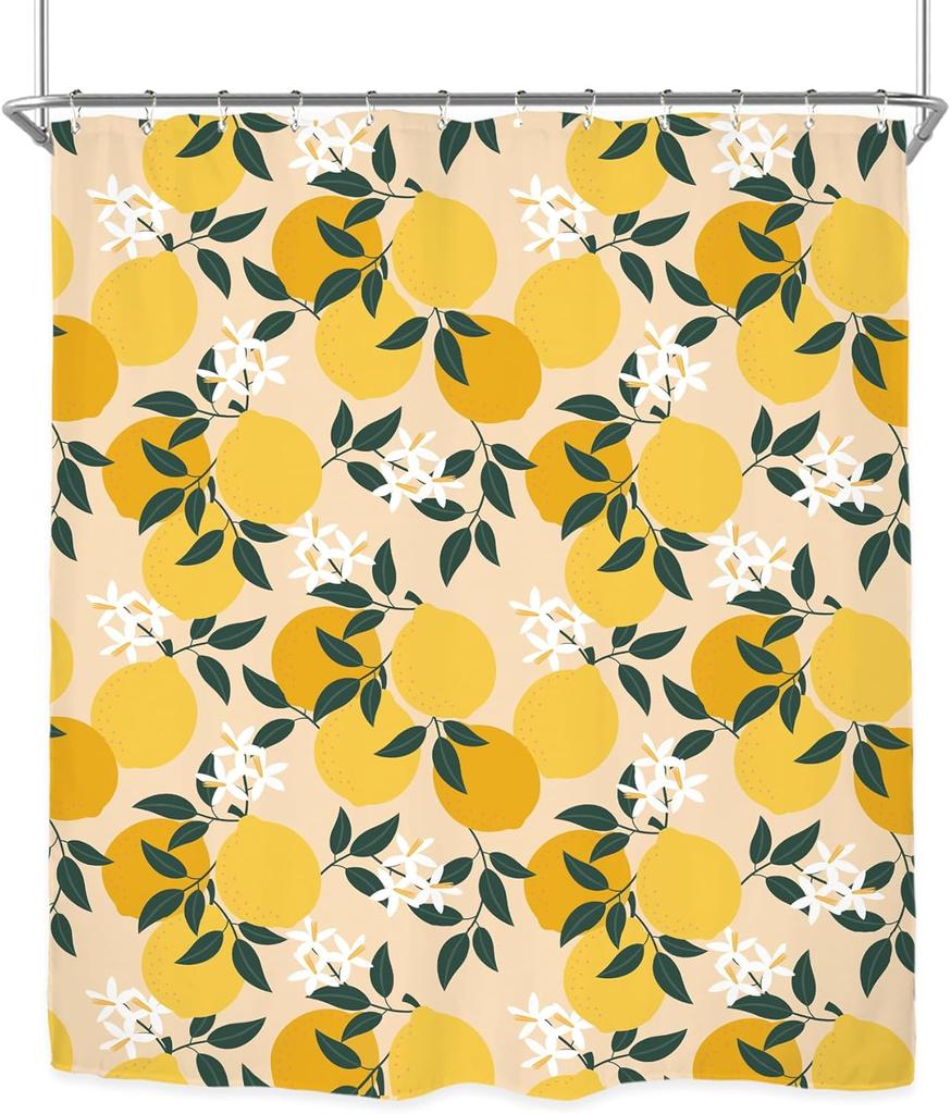Miyotaa Lemon Fruit Shower Curtain Set 60Wx71H Inches Cute Yellow Plant Leaves Fresh Polyester Waterproof Cloth Bathroom Curtain