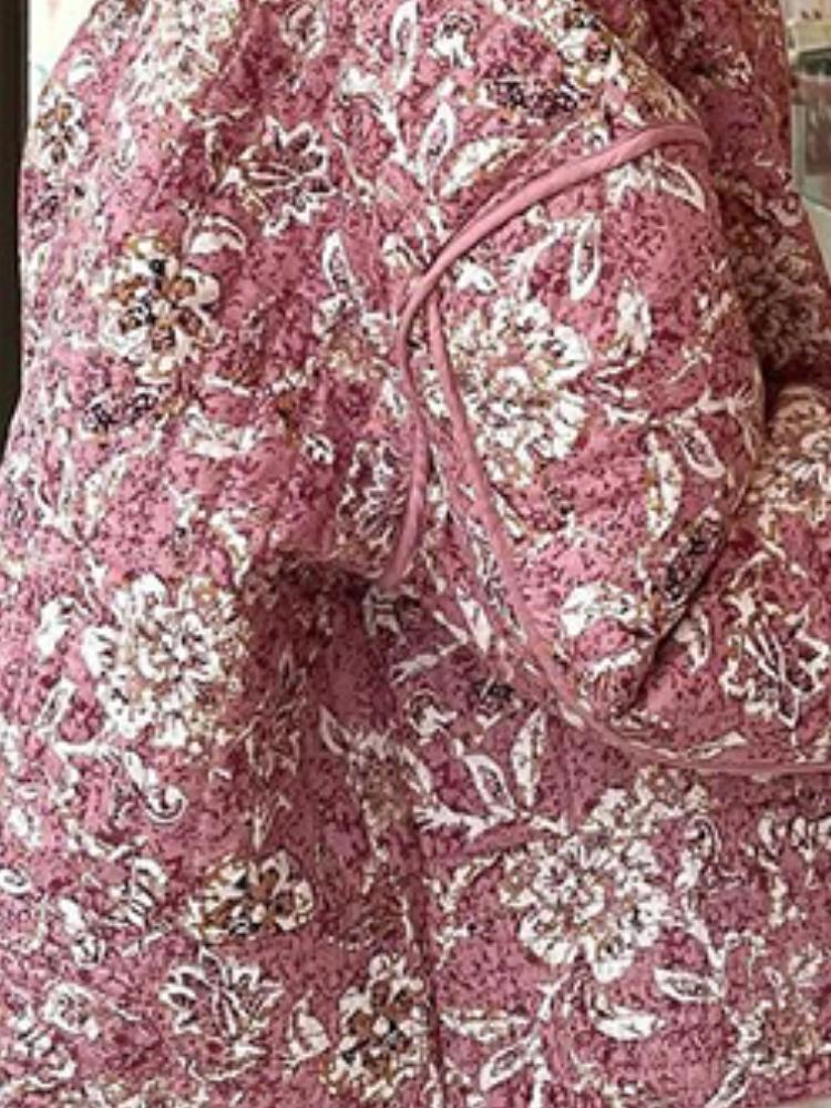 Fall Winter Fashion Female Casual Outerwear Vintage Korean Long Sleeve Jacket Floral Print Thickened Cotton Coat Quilted Stand Collar Loose