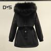 Winter Women Jacket Furry Hood Thickened Plush Long Sleeves Elastic Waist Pockets Zipper Closure Coat Mid Length Windproof Warm Overcoat