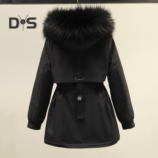 Winter Women Jacket Furry Hood Thickened Plush Long Sleeves Elastic Waist Pockets Zipper Closure Coat Mid Length Windproof Warm Overcoat
