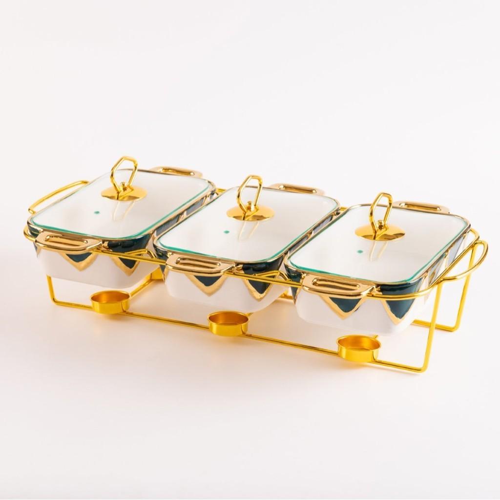Three-grid Rectangular Ceramic Plate Soup Pot Metal Shelf Hotel Restaurant Hand-Colored Soup Pot Dry Pot Tableware Set