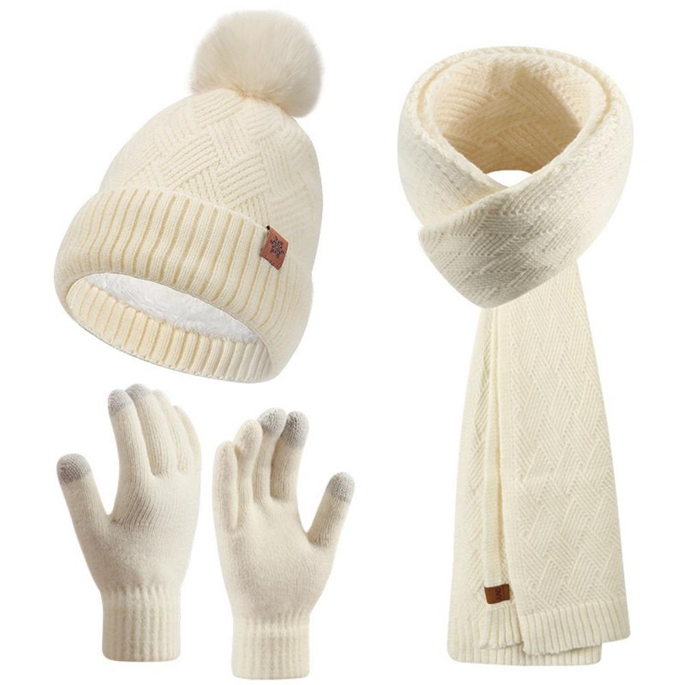 3pcs Wool Hat Scarf Gloves Set Solid Color Winter Beanie Hat Neck Warmer Thermal Knit Cap  Winter