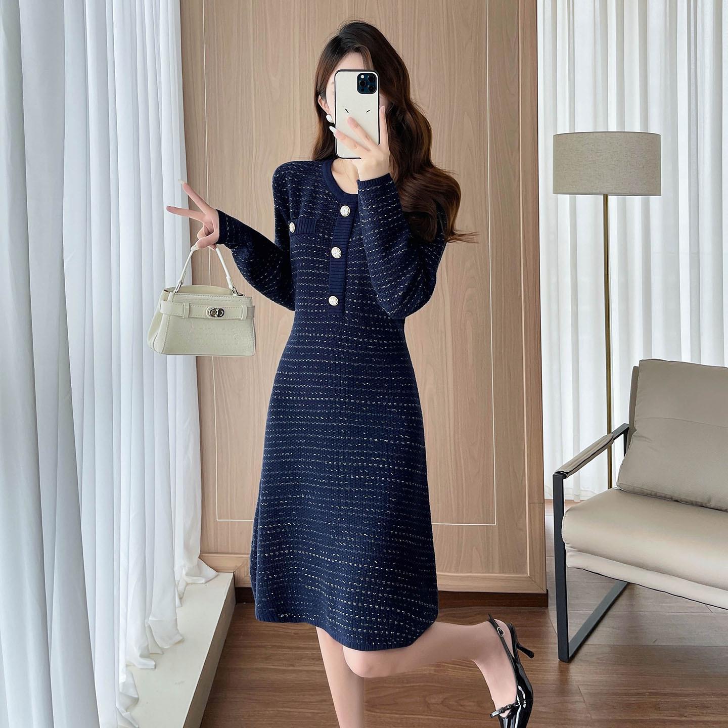 Chic Fragrance Style Dress: Slimming, Waist-Cinching Long Sweater Skirt for Women Large