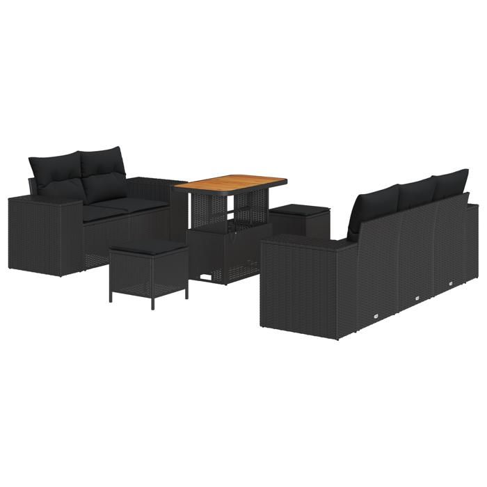 Ensemble de Canapé de Jardin vidaXL 8 Pièces avec Coussins Noir Rattan Poly Acacia, Ensemble de Salle à Manger de Jardin 3363899