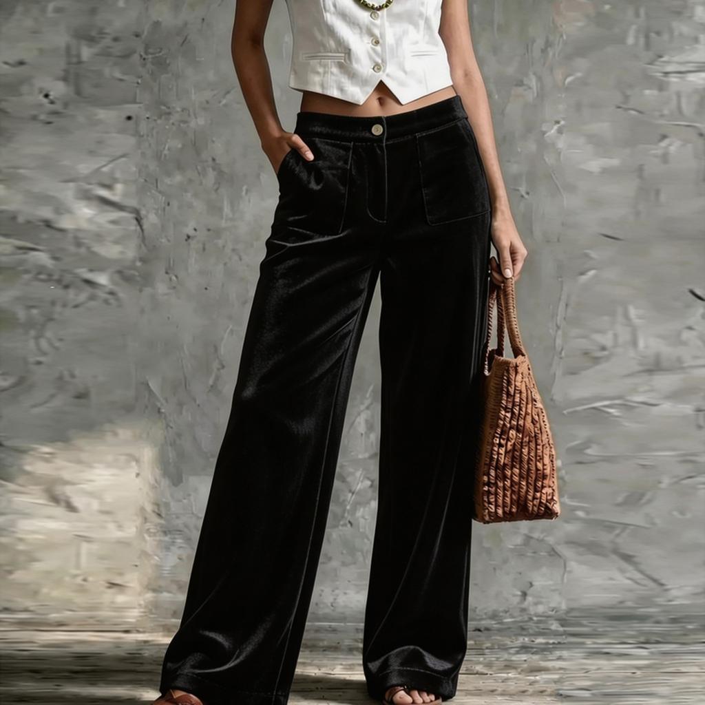 Women's Velvet High Waist Straight Leg Casual Pants with Pockets, Loose Fit Color