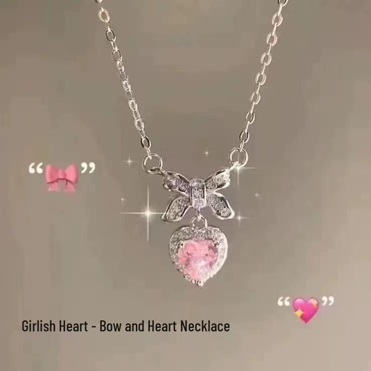 Korean Style Bowknot Heart Necklace: Diamond-Studded, Sweet, Versatile, High-End Women's Jewelry