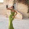 European and American Style Sleeveless Green Satin Backless Dress with Tie-Up Skirt Maix Dress New
