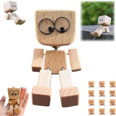 Shaking Wooden Man Figure,Charming Small Wooden Figure Swinging With 12 Magnetic Expressions,Handmade Action Figure As Car Ornament,Funny Shaking