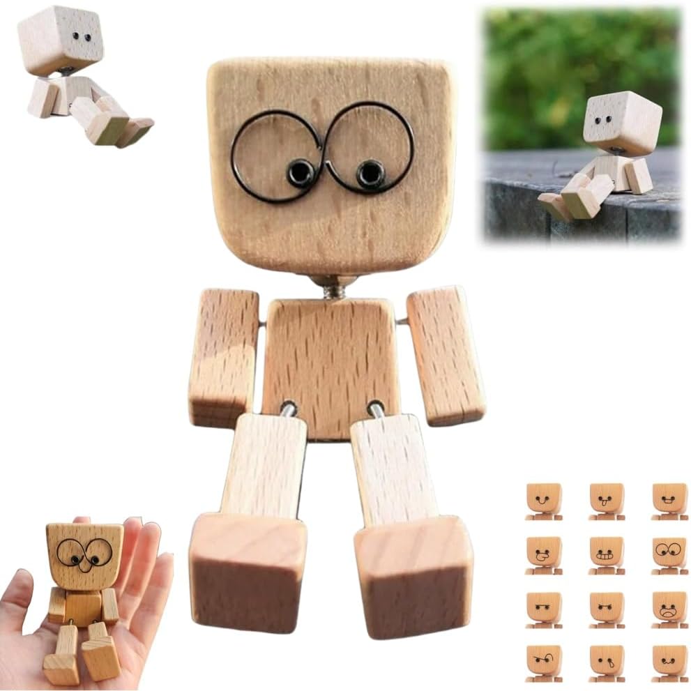 Shaking Wooden Man Figure,Charming Small Wooden Figure Swinging With 12 Magnetic Expressions,Handmade Action Figure As Car Ornament,Funny Shaking