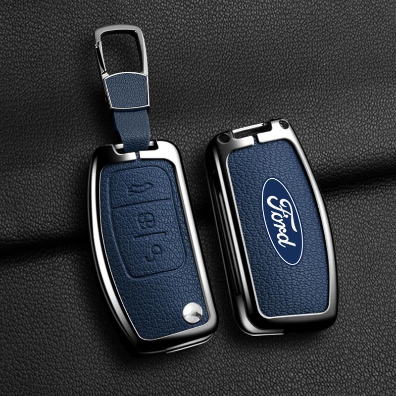 Zinc Alloy Leather Car 3 Buttons Flip Key Case Cover Smart Remote Shell For Ford Fiesta Focus MK2 Mondeo Kuga Galaxy C-Max S-Max