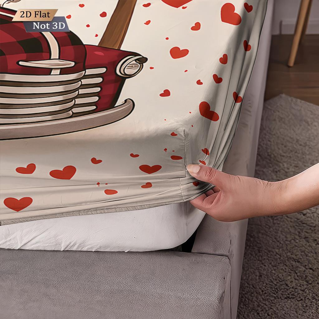 3pcs Happy Valentine's Day Red Love Tree Car Printed Chipless Bed Sheet Set Multi Size Bedroom Cover Decoration