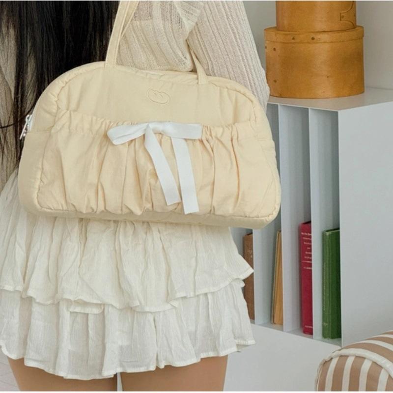 Embroidered Bow, Tie, Boston Bag, Large Capacity, Commuter, Women's, Daily, Pleated Shoulder Bag