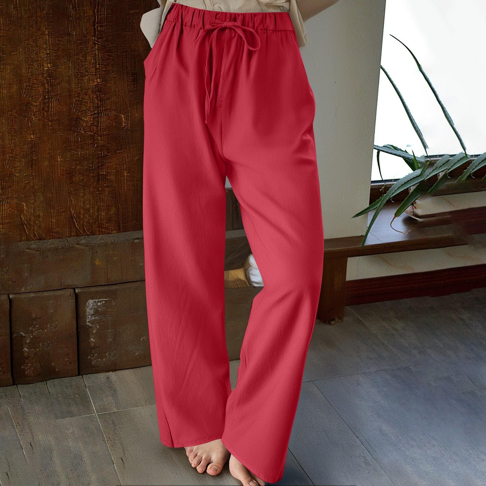 

Женские повседневные хлопковые и льняные однотонные длинные прямые брюки с эластичной резинкой на талии S красный