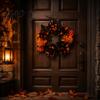 Thanksgiving Fall Hanging Decor Halloween Wreath for Front Door, Artificial Maple Leaf Rose Pumpkin Decorative Pendant Wall Wreath, Autumn Harvest