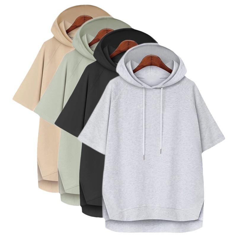Korean-Style Solid Color Hooded T-Shirt: Simple Summer Drawstring Short Sleeve Loose Fit, for Women, Campus Casual, 200 Jin Size.