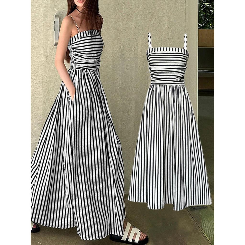 Summer New Striped Suspender Dress for Women, Elegant High Waisted Off Shoulder Maxi Dress, European American Style